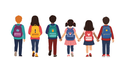 Obraz premium Group of elementary school children with colorful backpacks holding hands while walking together towards education.
