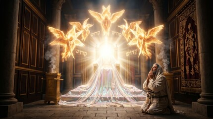 Obraz premium Man kneeling and praying before the throne of God in heaven with glowing seraphim. Biblical scene depicting divine presence, worship, holiness and religious faith in Christianity.