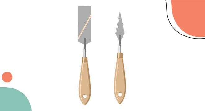 Pair of professional metal palette knives with wooden handles for artistic painting and textured color application.