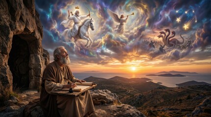 Obraz premium Saint John the Apostle writing the Book of Revelation in a cave. Vision of Jesus Christ on a white horse, an angel and a dragon in the sky. Biblical scene for Christian religious art.