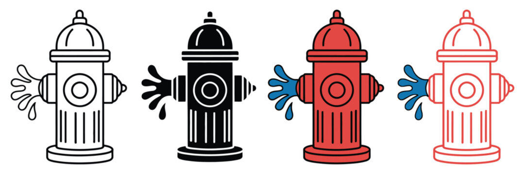 Fire hydrant icons, silhouette water hydrant symbols for firefighting equipment, emergency protection signage, vector illustration.