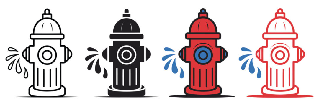 Fire hydrant icons, silhouette water hydrant symbols for firefighting equipment, emergency protection signage, vector illustration.