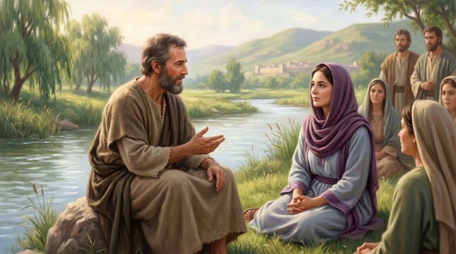 Jesus Christ teaching a group of people near a river. Religious scene depicting biblical figures engaged in conversation. Catholic faith illustration for spiritual sermon and bible study.