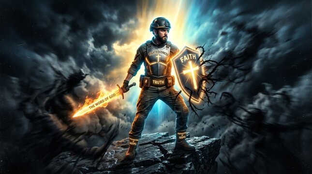 Man dressed as modern soldier representing armor of God. Christian spiritual warrior holding flaming sword and shield with faith symbol. Biblical metaphor for religious strength.