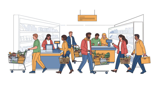 Busy supermarket interior with diverse people pushing shopping carts and baskets while waiting at checkout counters.