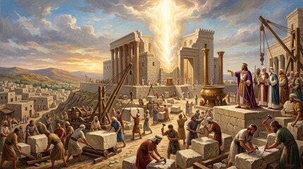 Obraz premium King Solomon directing the construction of the Temple in Jerusalem. Biblical scene featuring workers, stone masons, and divine light. Religious historical art, ancient history concept.