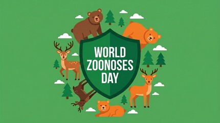 Fototapeta premium World Zoonoses Day Vector Illustration with Wild Animals, Deer and Bear Cute Cartoon Characters in Forest with Shield Icon for Awareness Banner, Poster, and Global Health Campaign