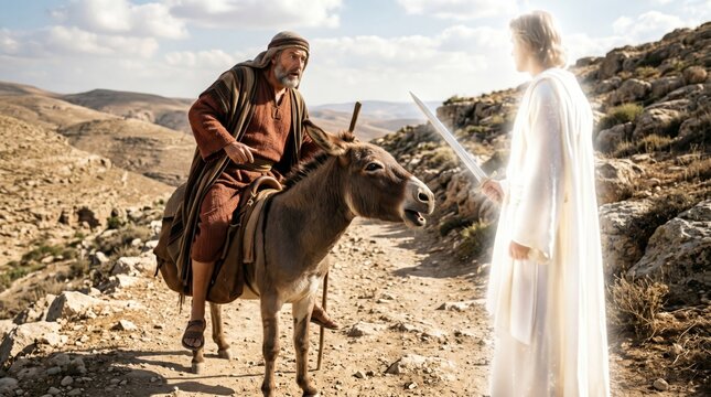 Balaam man riding donkey encounters angel with sword blocking path. Biblical scene from Old Testament. Spiritual meeting, faith and divine intervention, religious classic art concept.