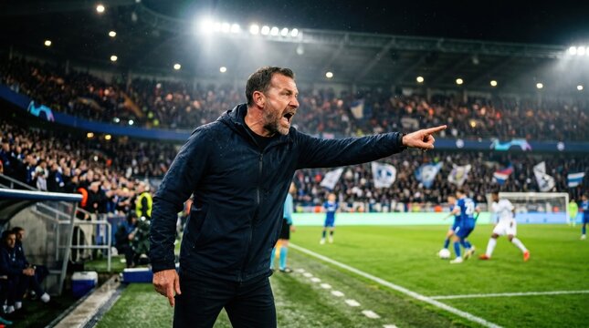 Passionate football coach shouting and pointing on the sideline during an intense night match in a crowded arena with bright floodlights, strong leadership concept for sports media.