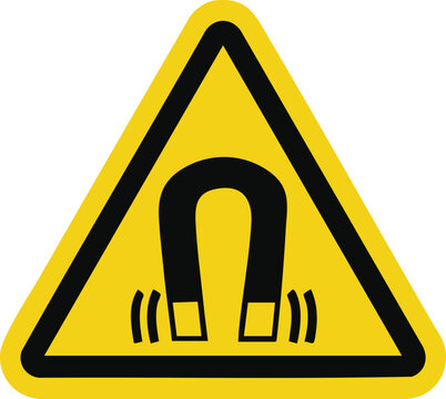 Magnet warning sign horseshoe magnet symbol with magnetic field lines caution alert for electronic devices isolated on white