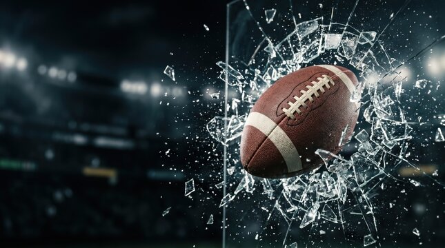Dynamic brown American football bursting through shattering clear glass with explosive power, dramatic stadium spotlights illuminating flying shards on a dark background, perfect for sports.