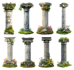 Naklejka premium PNG Ancient columns adorned with flowers on transparent background