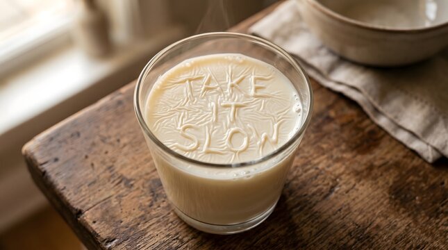 Glass of Hot Milk with "Take It Slow" Written in the Surface Skin Texture on a Rustic Wooden Table, Conceptual Image for Mindfulness, Slow Living, and Relaxation