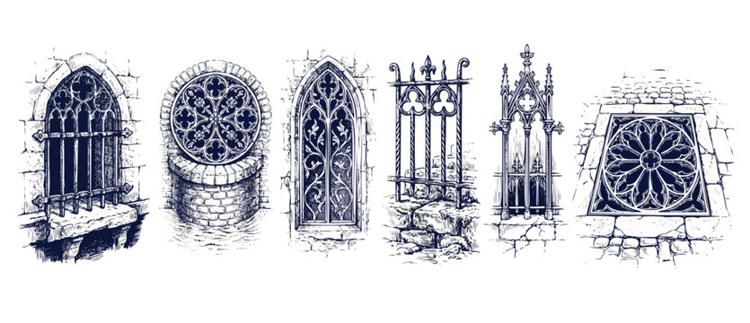 Gothic window elements sketch set featuring medieval rose window designs, arched stone frames, and wrought iron gates on white background for vintage historic designs, classic arts and tattoo patterns