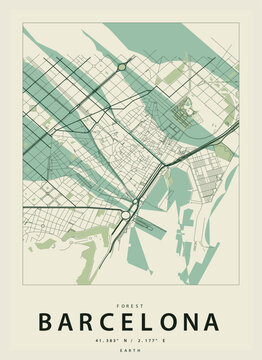 Minimalist city map poster of barcelona in forest green color scheme with geographic coordinates