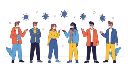 Obraz premium Group of people from different backgrounds wearing face masks and talking while virus icons float above them in a flat style.