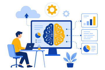 Fototapeta premium Artificial intelligence concept with brain computer interface data analysis vector illustration