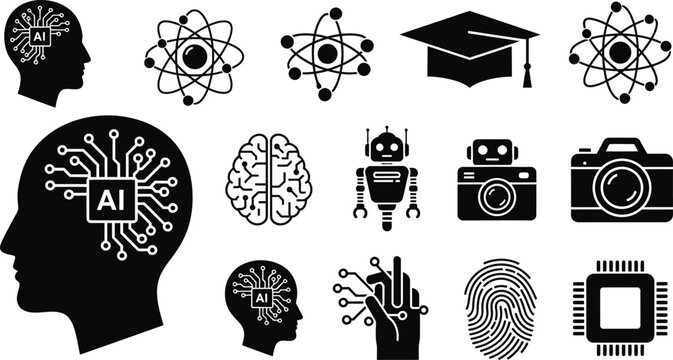 Black and white ai technology icons set
