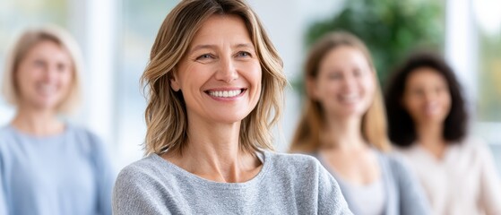 Fototapeta premium Smiling woman sitting with group during wellness class, healthy community, mindfulness practice, positive lifestyle and balance.