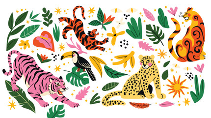 Obraz premium Vibrant jungle animals and foliage illustration.