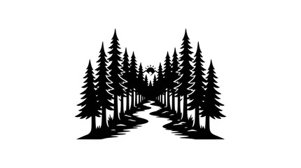 Obraz premium A winding path leads through a symmetrical forest of evergreen trees towards a distant, mysterious silhouette