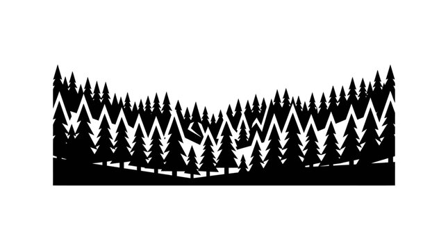 Stylized black silhouette of an evergreen forest with layered pine trees creating a natural landscape border