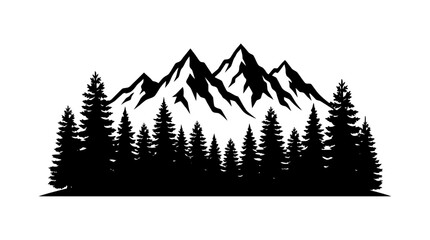 Obraz premium Silhouette of majestic evergreen pine trees in front of jagged mountain peaks, representing nature and adventure
