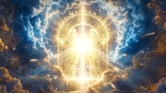 Slow motion dolly in of ornate golden gate opening in celestial clouds with radiant light beams and heavenly archway revealing bright portal at dawn
