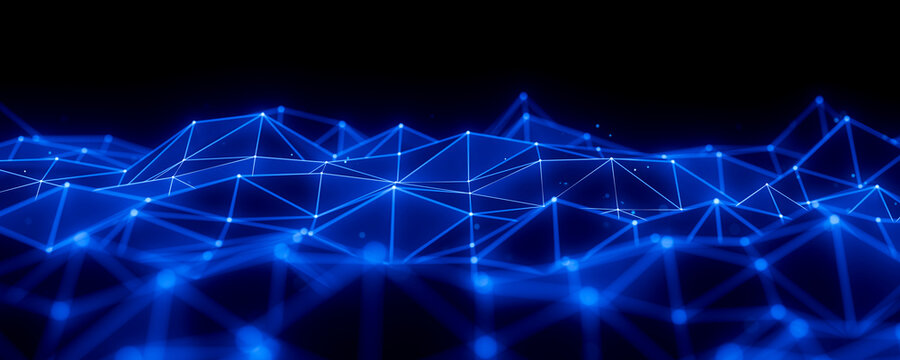 3D blue network horizon with glowing digital mesh