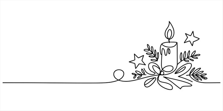 Christmas candle with stars and pine branches, single line drawing, festive holiday decoration