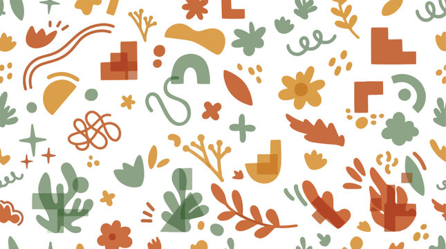 A colorful abstract pattern with various shapes and floral motifs.