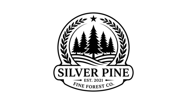 Evergreen forest company logo with pine trees and laurel wreath, representing nature and established quality