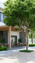 Fototapeta premium Stone patio entrance with landscaped plants, residential outdoor design, home improvement, comfort and curb appeal.
