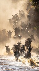 Naklejka premium A dramatic herd of wildebeests charging through thick dust into a river, evoking a powerful sense of survival during the great migration. Perfect for wild nature designs. Nobody.