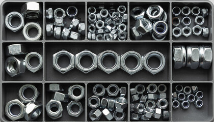 Assorted metal hex nuts organized in compartment storage box