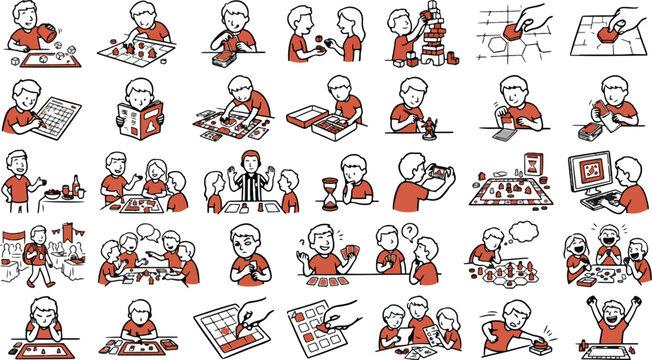 Board game icons illustrate various tabletop activities, social gaming moments, strategic play, and group entertainment to represent recreational hobbies and family leisure time in a playful style.