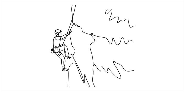 One line drawing of a person rock climbing up a steep mountain face with safety rope
