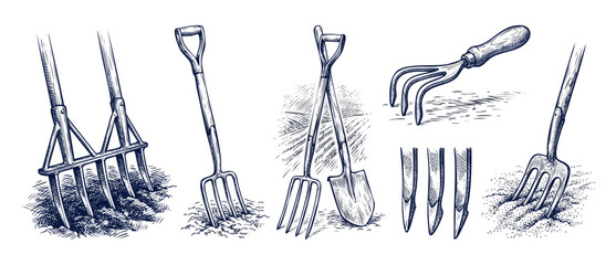 Gardening tools sketch vector illustration, vintage engraving pitchfork and shovel set for agriculture, farming, hand drawn soil cultivation icons collection isolated on white background. © Dinali