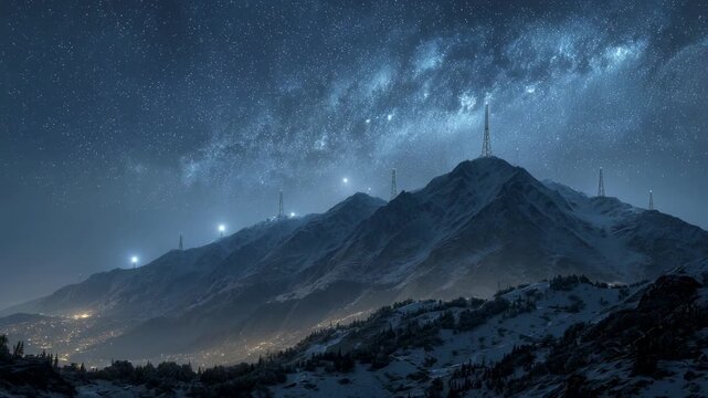Night mountain starry sky milky way over snowy peak communication tower blue light winter landscape city lights nightscape alpine ridge fantasy