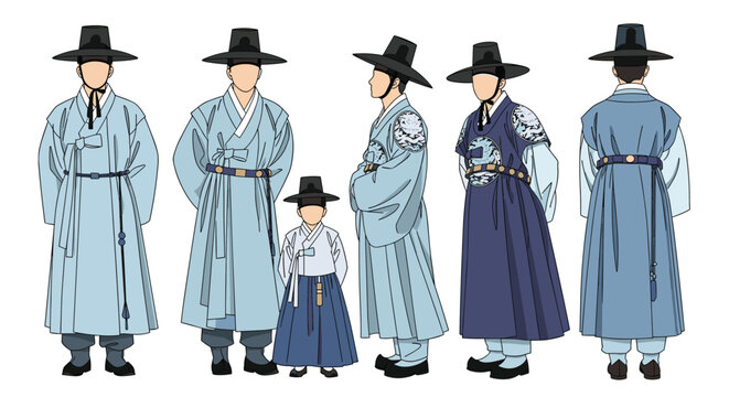 Illustrations of Korean men and a child dressed in traditional Hanbok attire shown from several different angles and views.