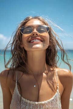 Beautiful young woman with wet hair and stylish sunglasses smiling joyfully, enjoying a sunny beach vacation day.