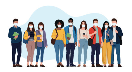 Obraz premium Group of young diverse students wearing medical face masks and carrying backpacks and books while standing together for a safe school day.