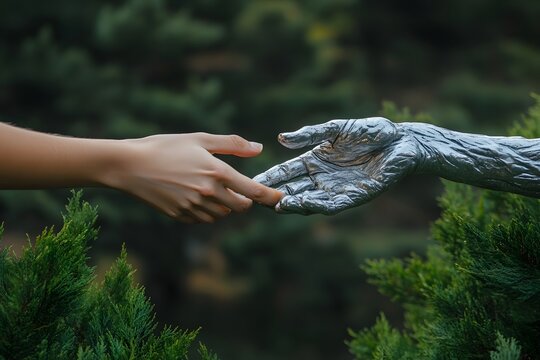 Close up of a human hand touching a metallic robot hand in a symbolic gesture of connection