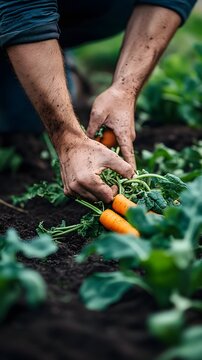 Close up of farmer hands with dirt pulling fresh organic carrots from the soil in a garden