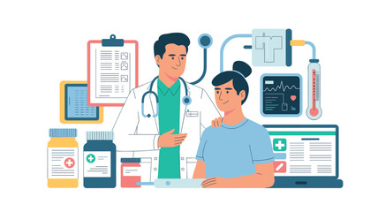 Naklejka premium Medical Consultation Illustration with Doctor and Patient for Healthcare Services
