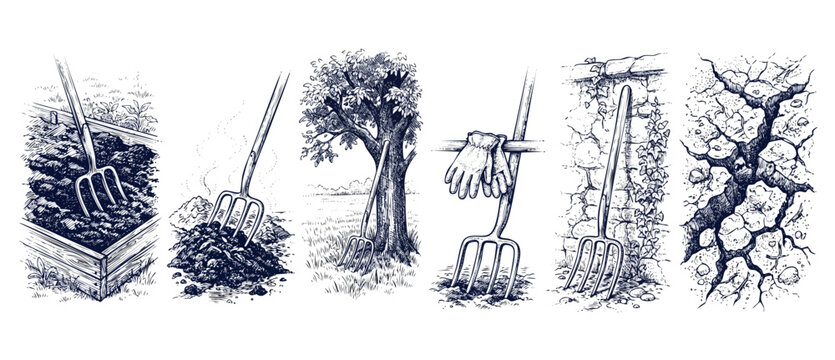 Garden pitchfork hand drawn illustration set of vintage farming sketches featuring composting, soil preparation, planting beds, dried earth, rustic outdoor work elements for retro agricultural design.