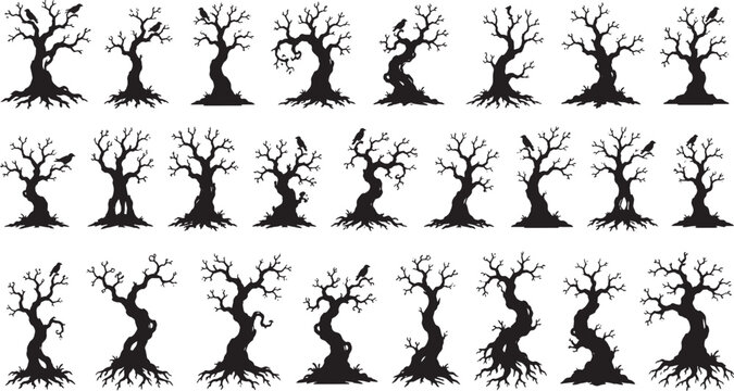 Dead Tree Silhouette Collection Featuring Bare Trees and Spooky Woodland Nature Elements