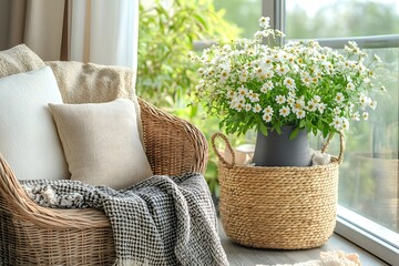 Fototapeta premium Cozy terrace interior with wicker armchair, soft pillows and fresh white daisies in basket