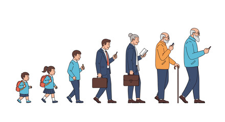 Obraz premium Stages of human life showing a diverse group from childhood to old age all engaged with mobile phone technology.