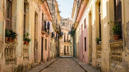 Fototapeta premium Narrow cobblestone street in old Havana, Cuba with balconies
